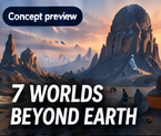 7 worlds beyond Earth — an imaginary alien landscape.